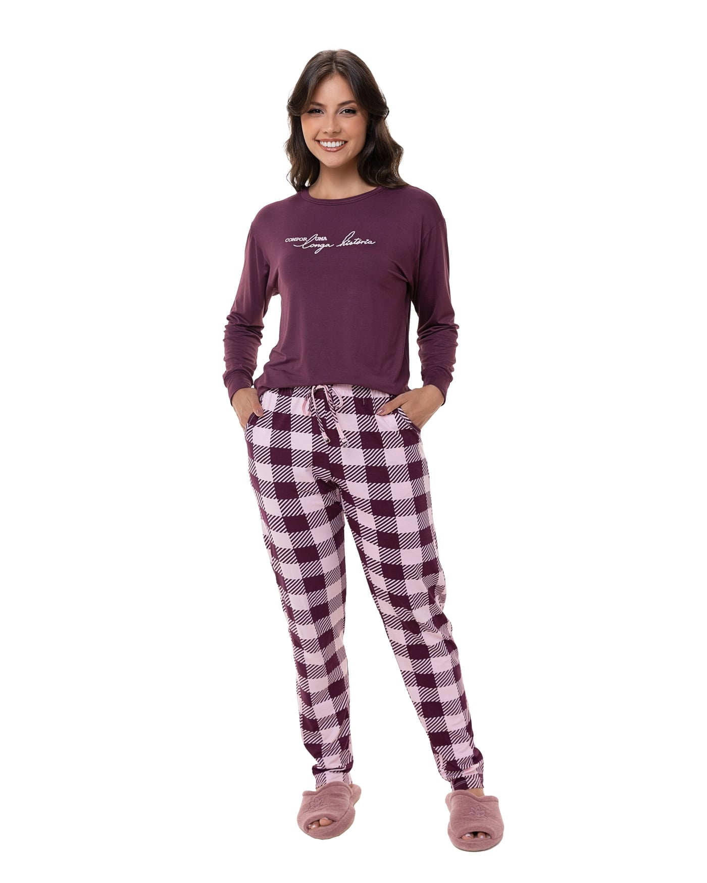 Pijama longo Viscoflex com bolso feminino, ref. 22233