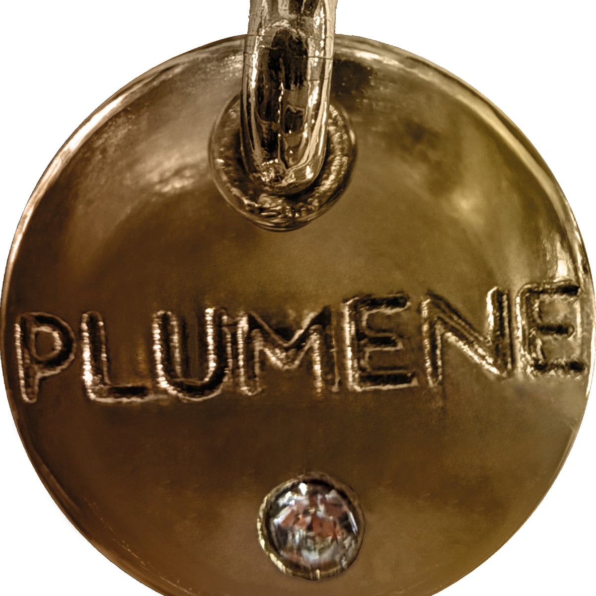 Pingente dourado redondo gravado com o nome Plumene