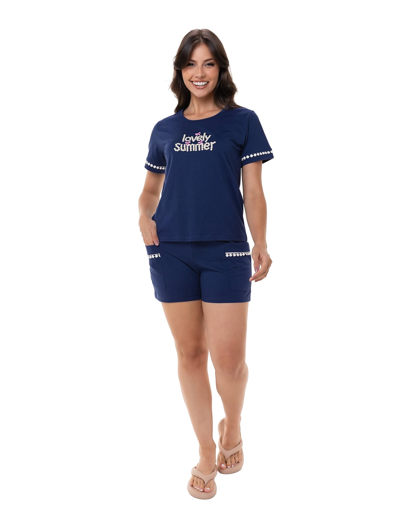 Pijama algodão manga curta pompom, ref. 22112