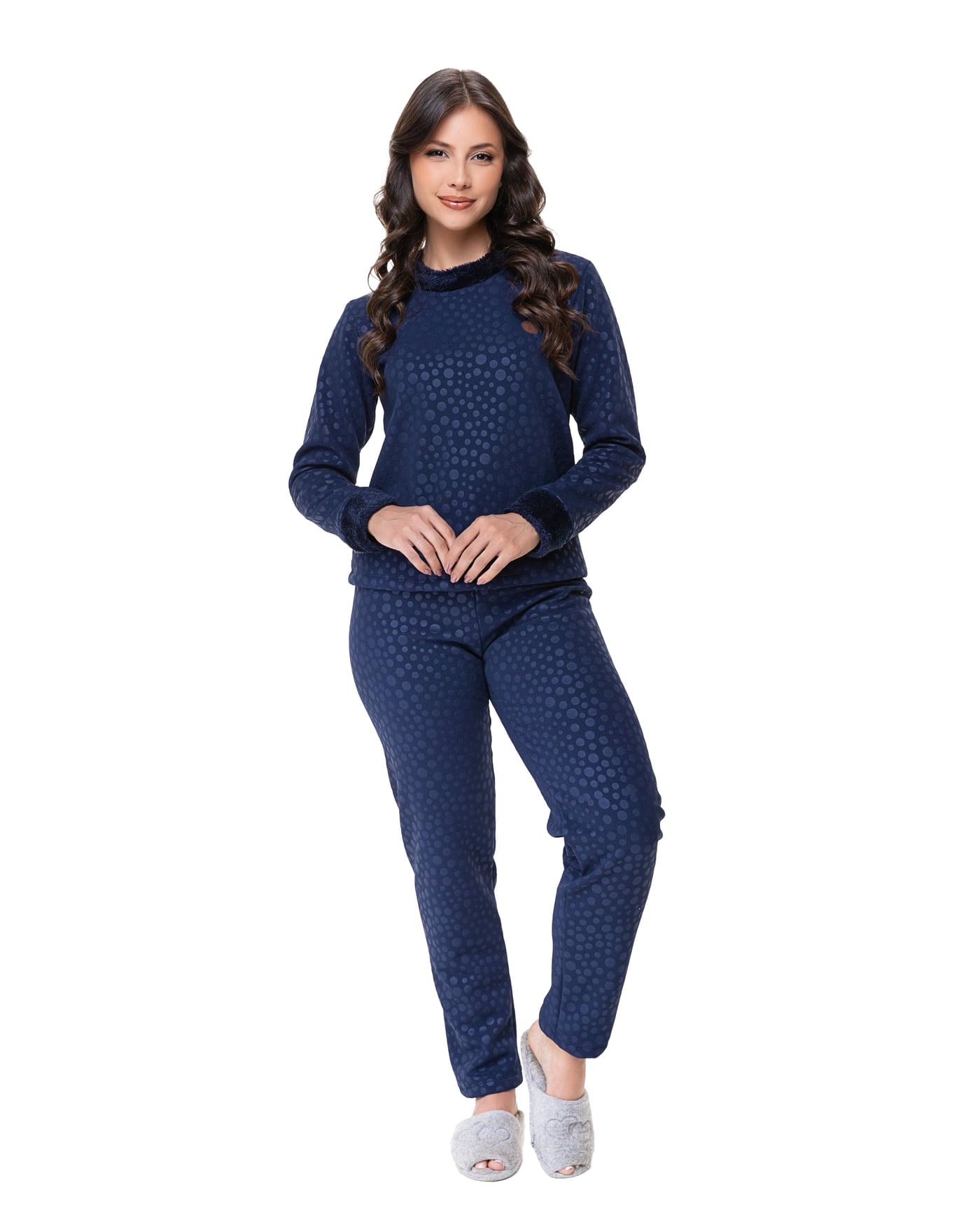 Pijama longo fleece poá feminino, ref. 22216