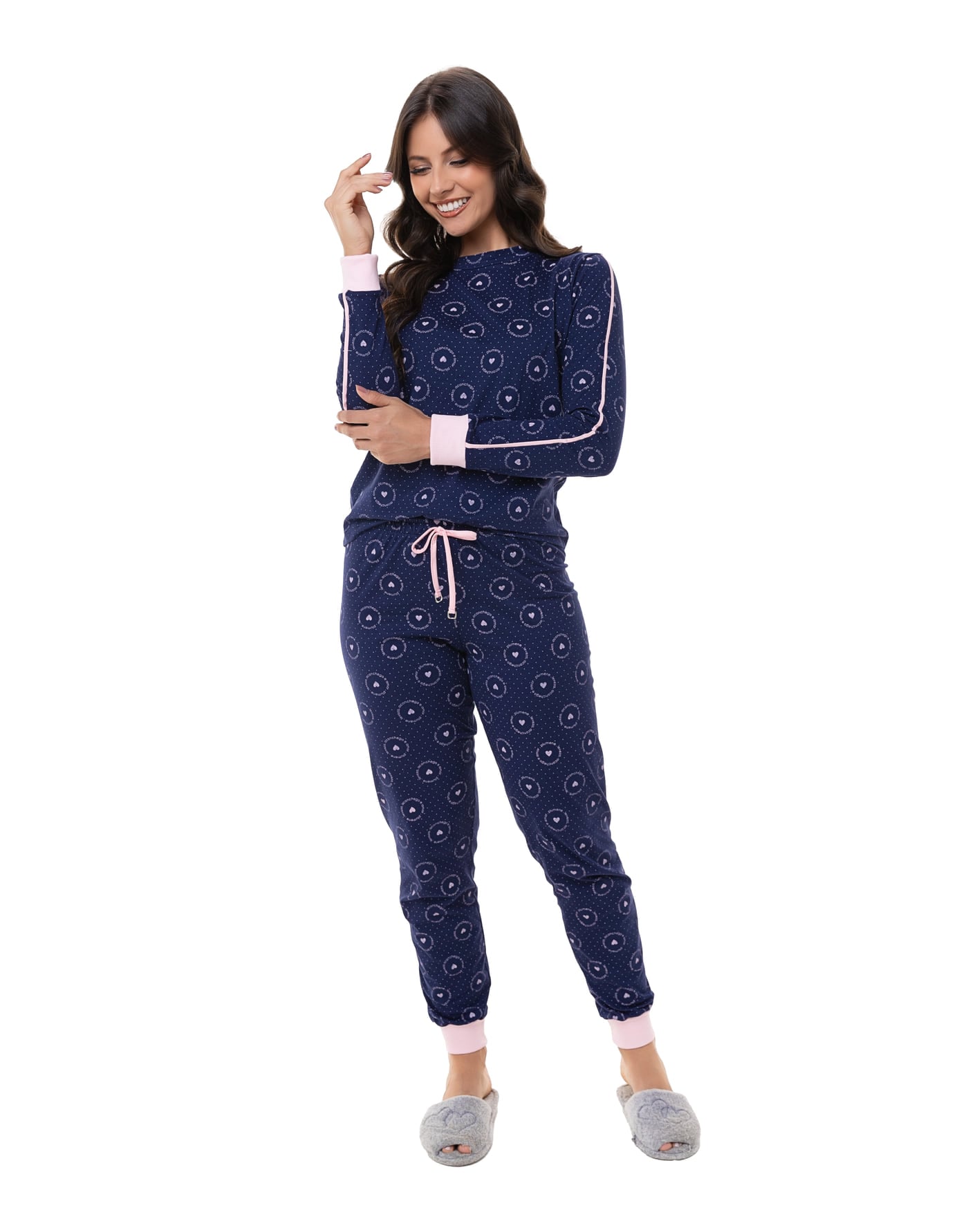 Pijama longo algodão estampado feminino, ref. 22217