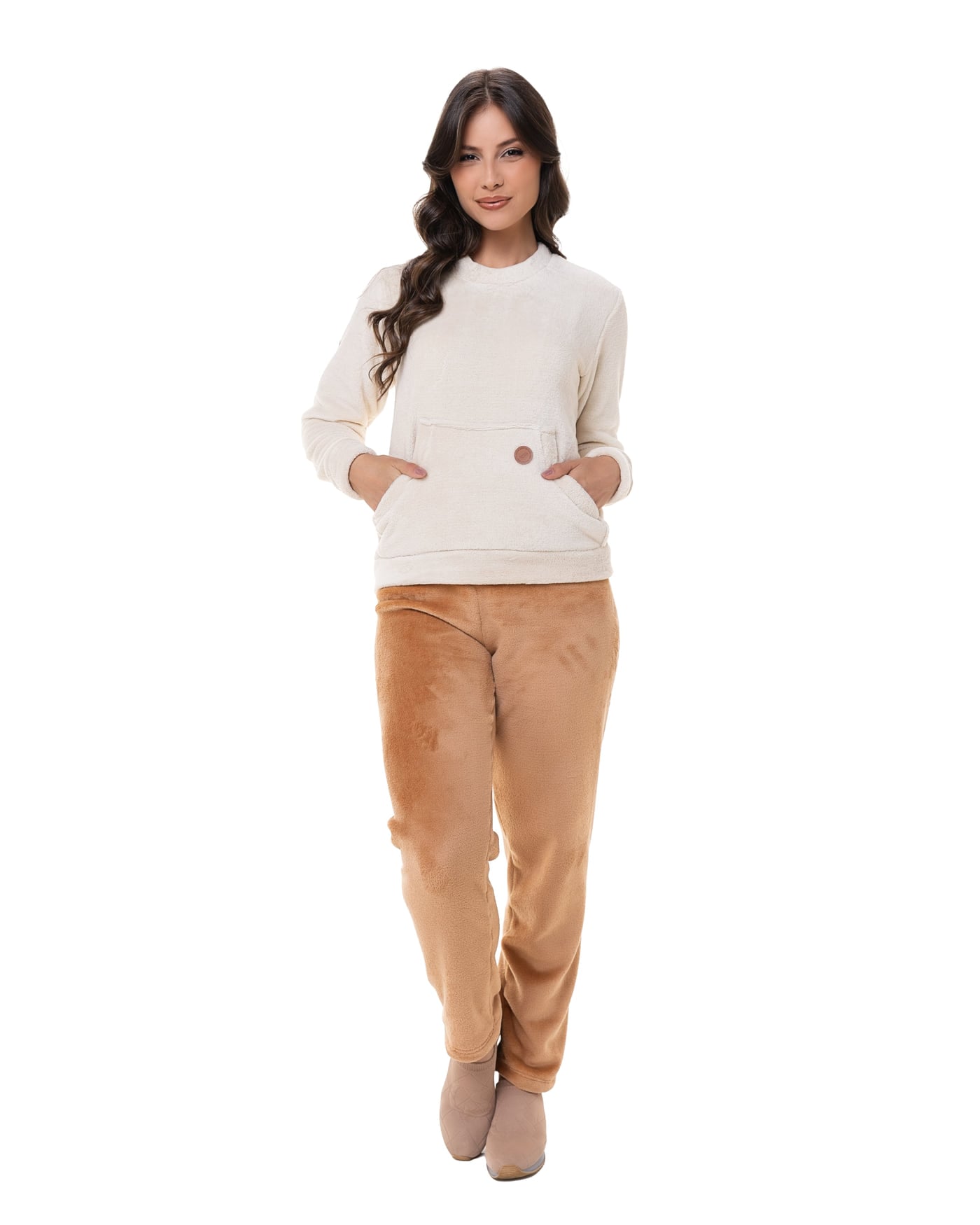 Pijama longo fleece com bolso feminino, ref. 22230