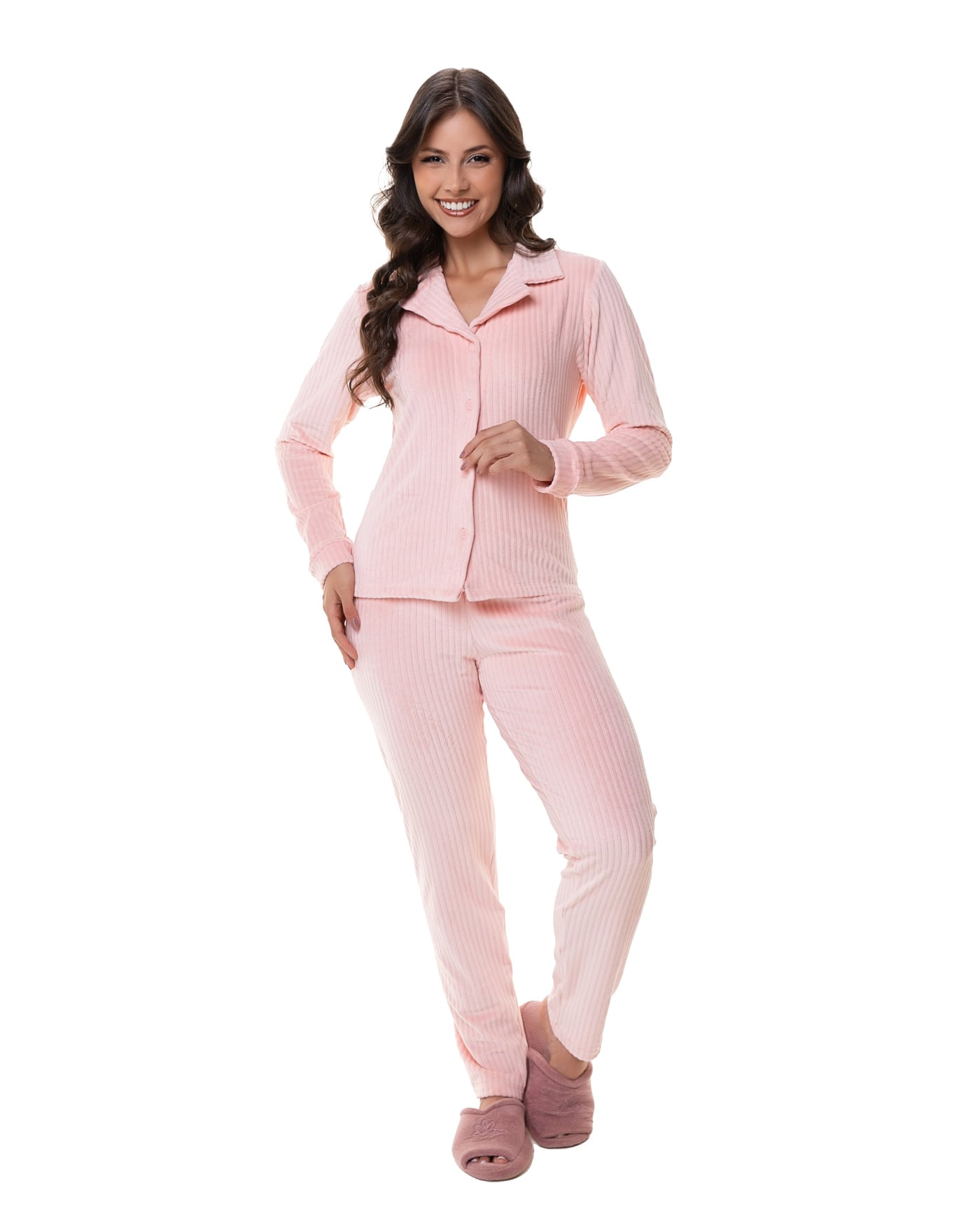 Pijama longo americano canelado feminino, ref. 2293
